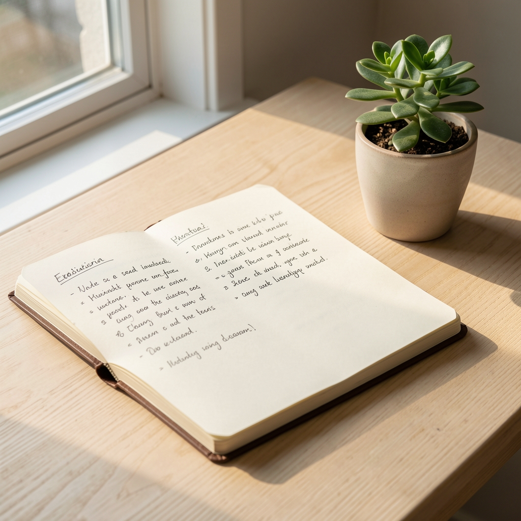 Open notebook with handwritten editorial notes on a pale wooden surface next to a small plant and morning light coming through a nearby window