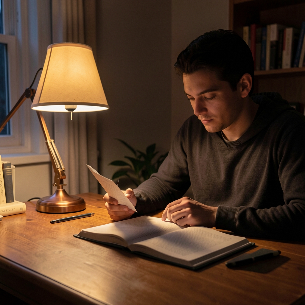 Person reading in a dimly lit room with warm lamplight falling across an open notebook on a wooden desk at night