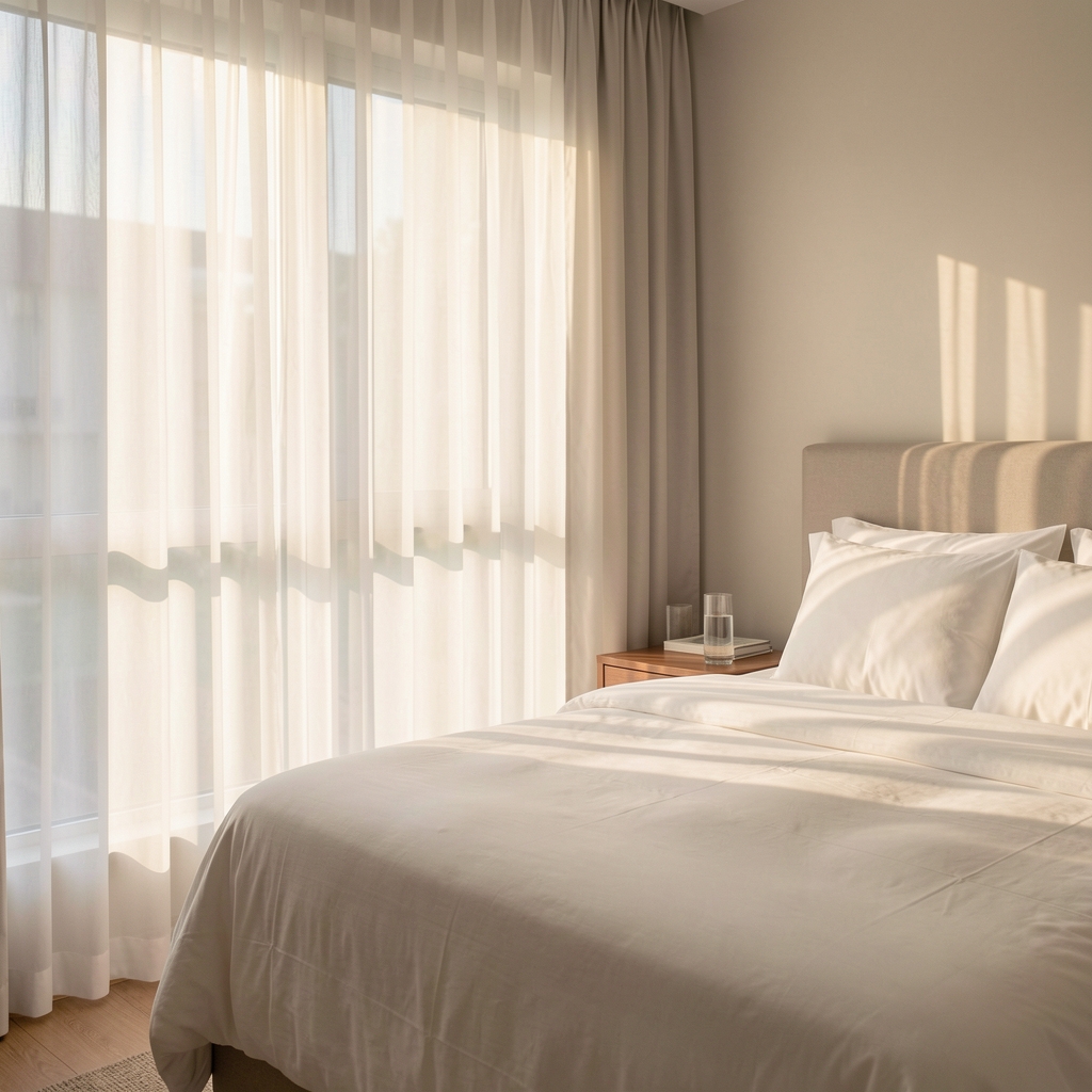 Morning sunlight streaming through sheer white curtains into a quiet bedroom with neatly made bed and a glass of water on the nightstand