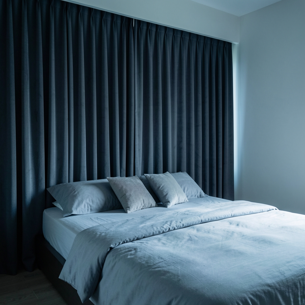 Bedroom with blackout curtains fully drawn, cool tones, and a simple arrangement of pillows on a low bed suggesting quiet and intentional rest