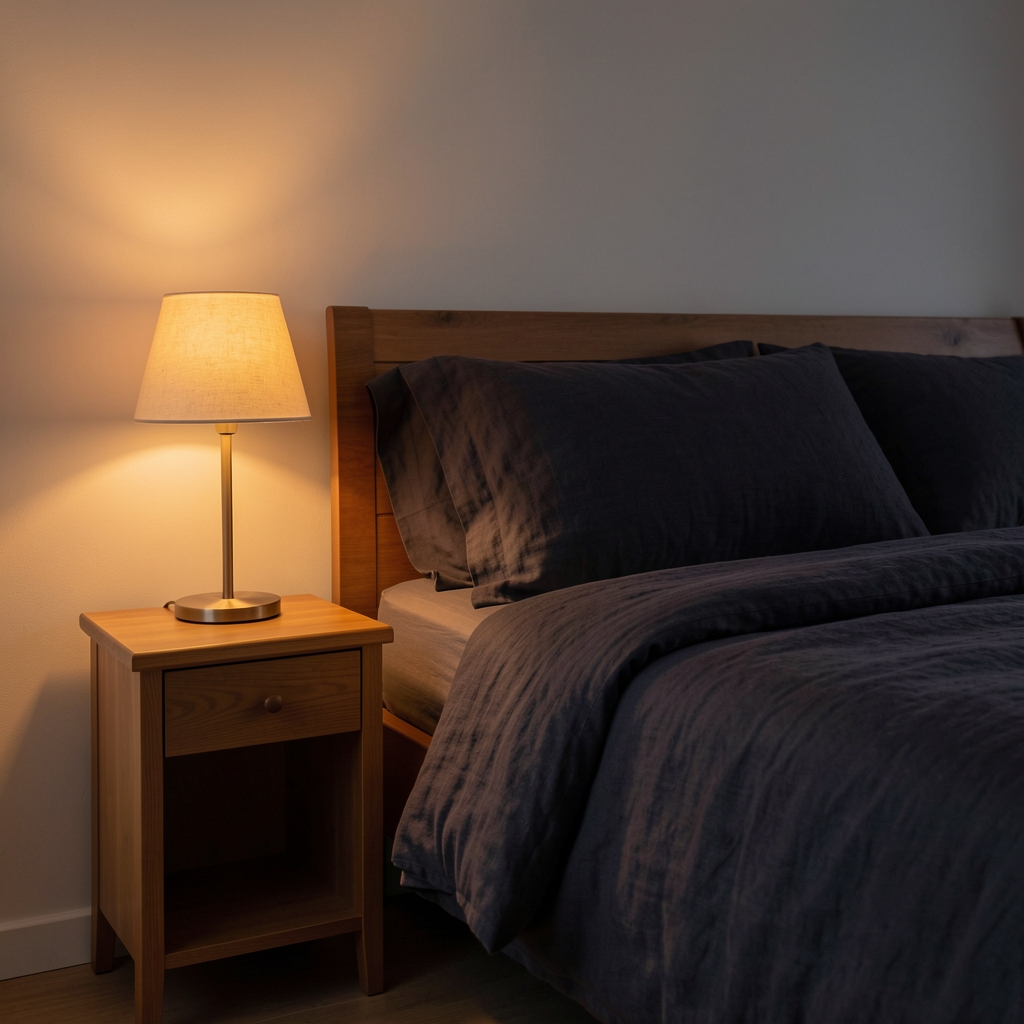 Softly lit bedroom in early evening, dark linen and a single reading lamp casting warm amber tones over a wooden bedside table